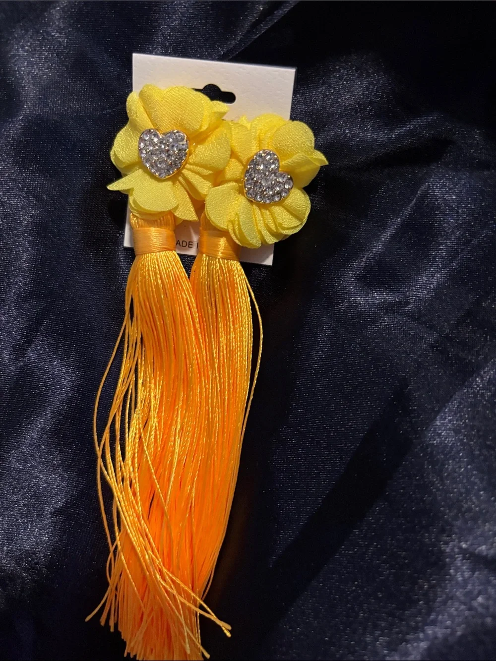Yellow Floral Tassel Earrings with Rhinestone Heart Accent - Women's Accessories